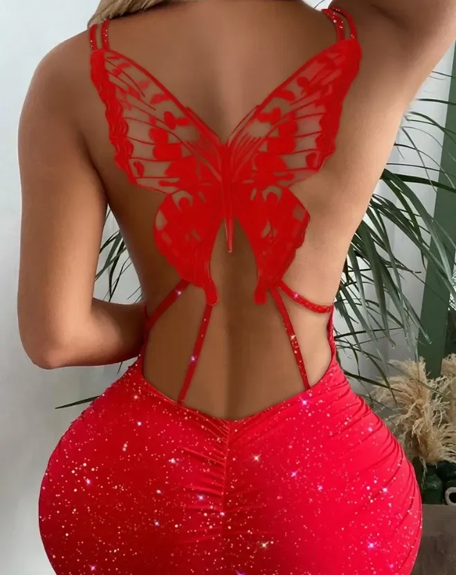Sexy Elegant Evening Party Dresses Glitter Butterfly Pattern Hollow Out Bodycon Dress New Fashion  Summer Casual