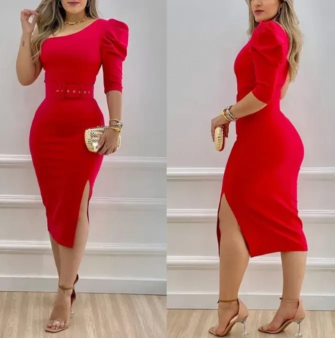 Women Dress Elegant Party Evening Dress Diagonal Neck One Shoulder Puff Half Sleeve Bodycon Wrap Hip Split Midi Dress with Belt