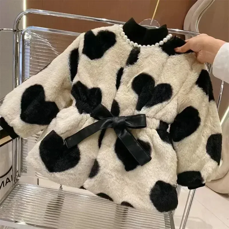 Girls' Coat Love Beaded Wool Thickened Cow Warm Coat Jacket  Winter New Fashion Children's Outwear Cardigan