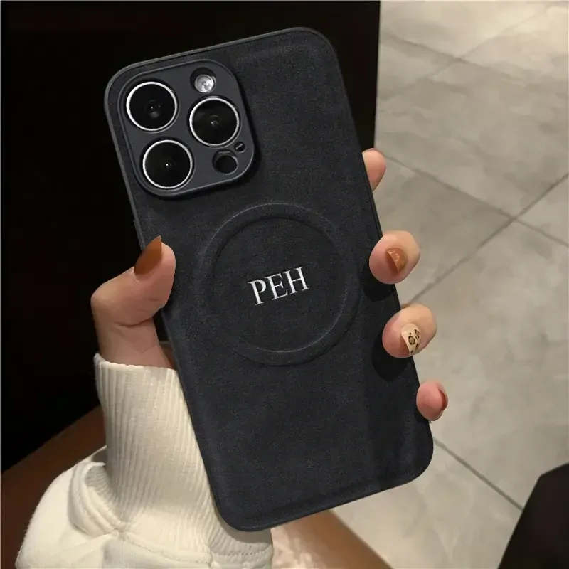 Personalized Customized Initials Case For iPhone 11 12 13 14 15 16 Pro Max For Magsafe lambskin Leather Wireless Charging Cover