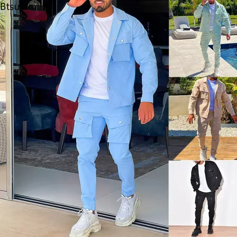 New Men's Casual 2PCS Overalls Set Solid Streetwear Long Sleeve Jacket Coat+Leggings Pants Sets 2 Pieces Men Clothing Sets