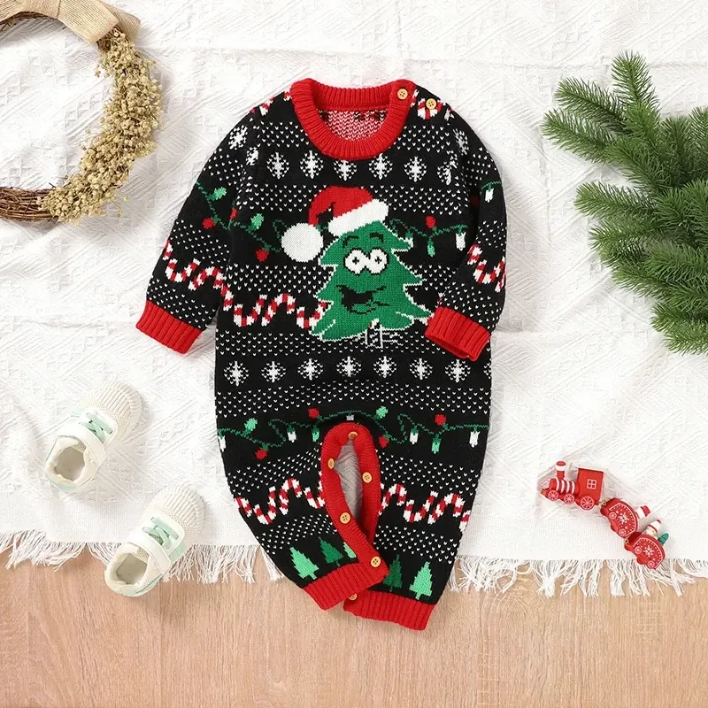 Christmas Baby Romper Knitted Long Sleeve Newborn Boys Girls Jumpsuit Funny Christmas Tree Toddler Infant Clothing Xmas Playsuit