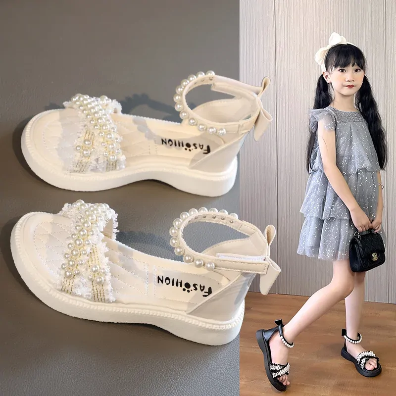 Summer Fashion Beading Bowtie Shoes for Kids Girls Princess Shoes Soft Flats Beach Children's Dress Sandals Free Shipping