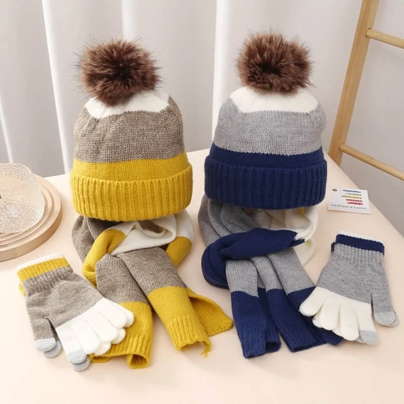 77HD Kids Winter Knitted Beanie Hat Scarf Gloves Set Warm Soft Thick Fleece Lining