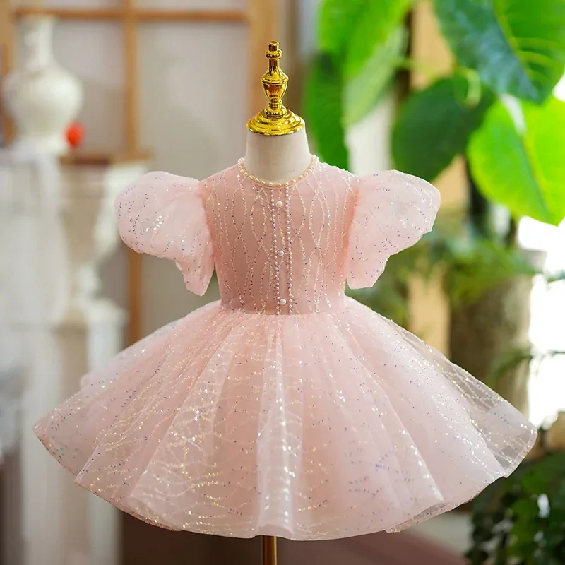 Baby Girl Bow Princess Vintage Dress Tulle Children Vestido Sequined Clother Kids Wedding Party Birthday Tutu Dress Bling Dress