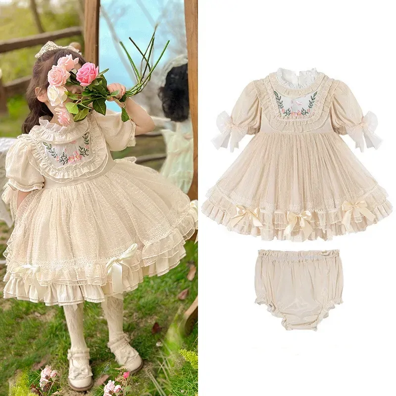 Fashion Spanish Summer Dress for Baby Girls Kids Rabbit Embroidery Tulle Dresses Gown Children Lolita Boutique Party 1 2y