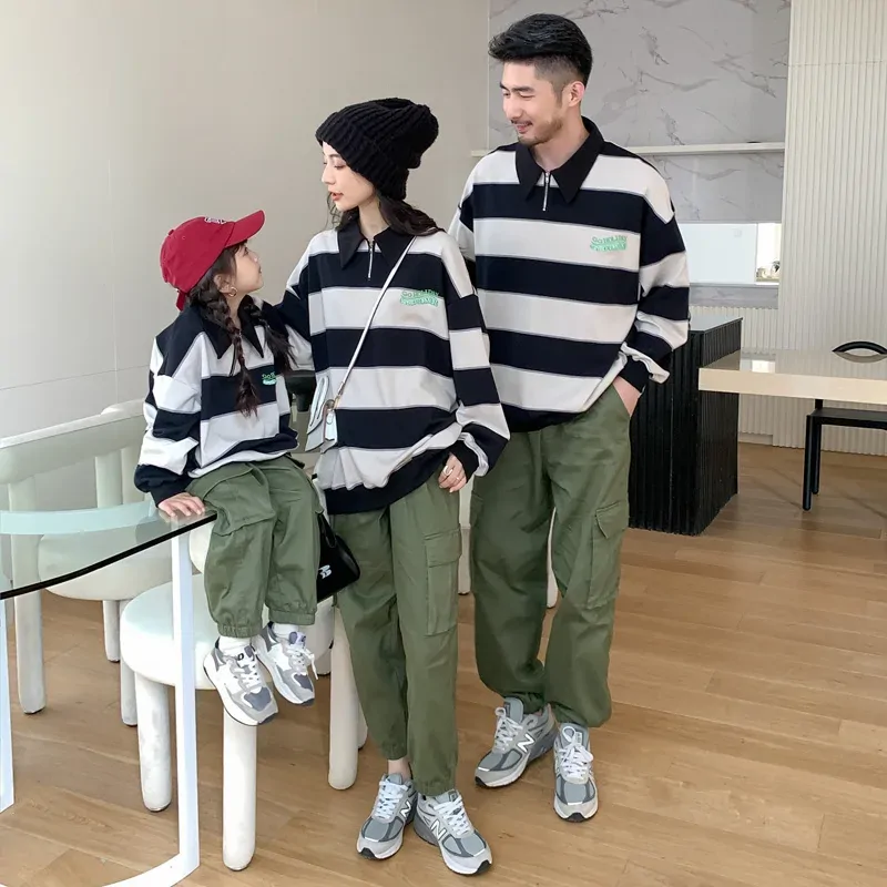 Autumn Parent-Child Clothes For Family Of 4 Big Size Tee Men's Boys Polo Shirt Fashion Mom Dad And Son Daughter Sweatshirt