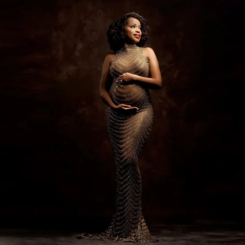 Sexy Shiny Drill Maternity Photography Props Goddess Dress Bodysuit Tulle Pregnancy Gown For Photo Shoot Props Clothing