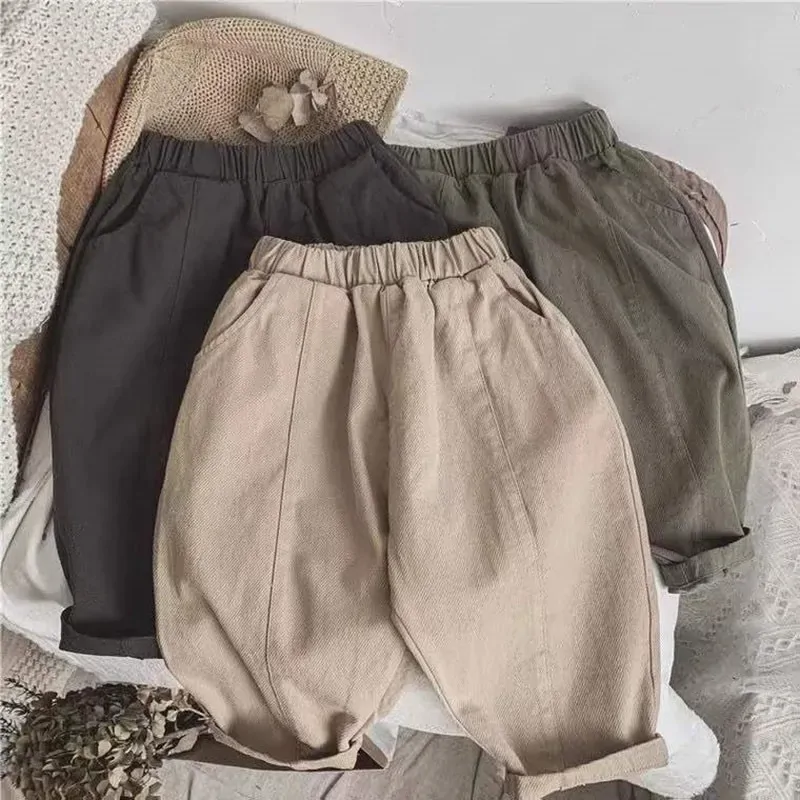 Spring Baby Retro Pocket Dungarees Loose Girl Children Casual Pants Solid Boy Kids Fashion Trousers Toddler Cotton Clothes