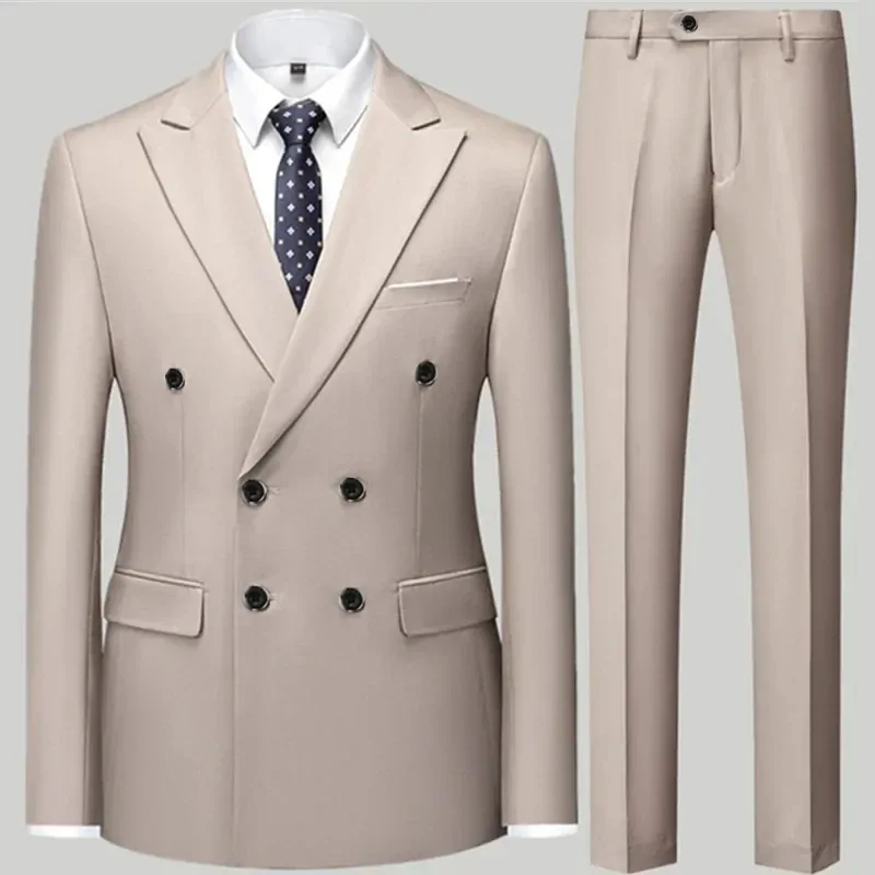 Fashion New Men's Casual Boutique Double Breasted Suit Trousers / Man's Business Suit Jacket Blazers Coat Pants 2 Pcs Set