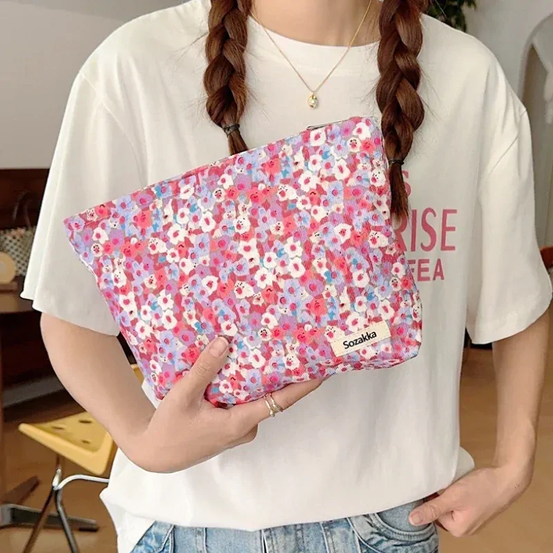 Women's Cosmetic Bag for Makeup Cotton Corduroy Floral Print Fashion Beauty Necessaries Brush Toiletry Make Up Holder Bag Pouch