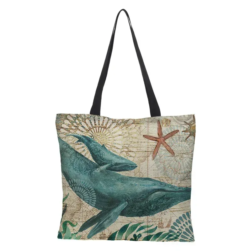 Shopping Bag Large Capacity Fashionable Tote Turtles Seahorse Whale Octopus Animal Single Shoulder Bag
