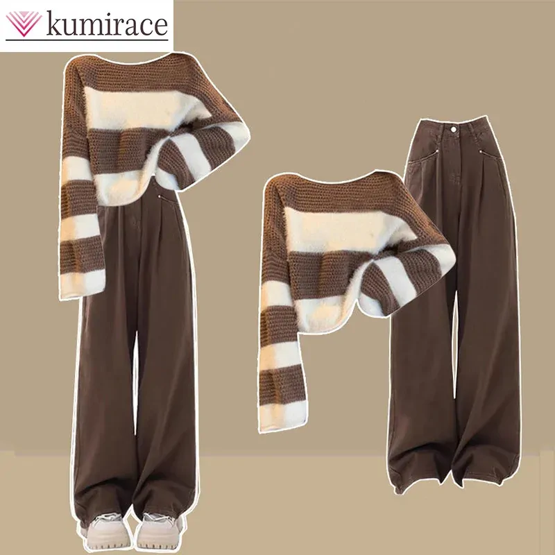 Winter Outfit for Women New Loose Striped Tea Knit Sweater High Waisted Jeans Two-piece Set Winter Clothes Women Pant Sets