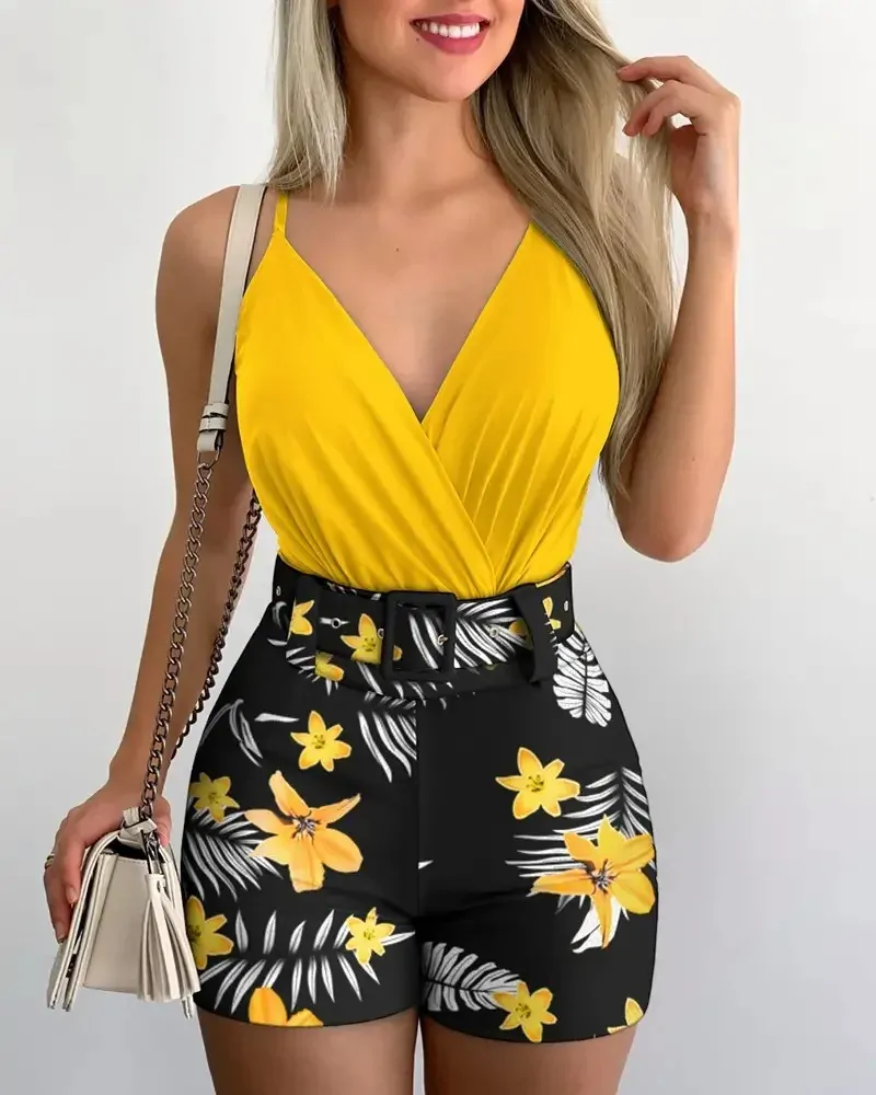 Fashion Summer Women's Two-piece Beach Suit Sexy Slim Short Top Shorts Printing Casual Suspenders Package Hips 2 Piece Set 2