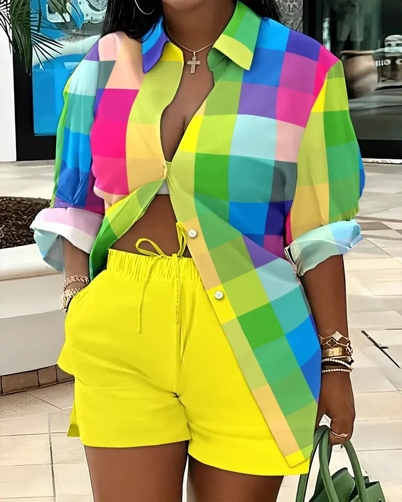 Spring Autumn Casual Woman Sets Fashion Shirt Printed Button Shirt&Shorts Streetwear Shorts Pant Outfit Suit Two Piece Set