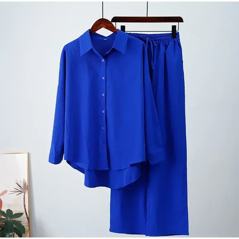 Holiday Wide Leg Pants Set Two Piece Set Women Vintage Boho Maxi Shirt Autumn Casual Loose Work Streetwear Y2k Outfits