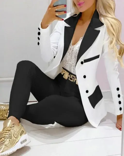 New 2PCS Pants Set Women Business Office Sets For Ladies Elegant Outfits Lapel Collar Fashion Blazer Suit Jacket and Pants Sets - Black White 2-201504124, M