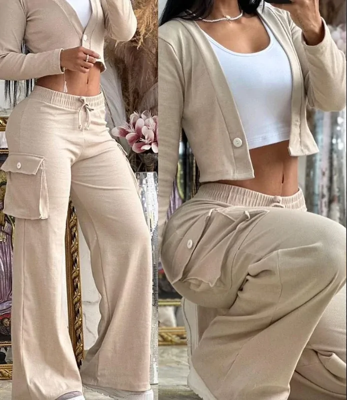 Fashion and Elegant Autumn Cardigan Long Sleeve Coats Drawstring Pants Two Piece Sets Womens Outifits Pocket Solid Suit