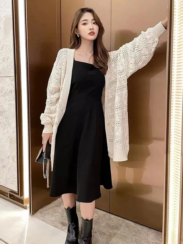 Summer Knitted Cardigan Cardigan lazy loose Hollow soild color long-sleeved air-conditioned Mid length version Sweter Cardigan