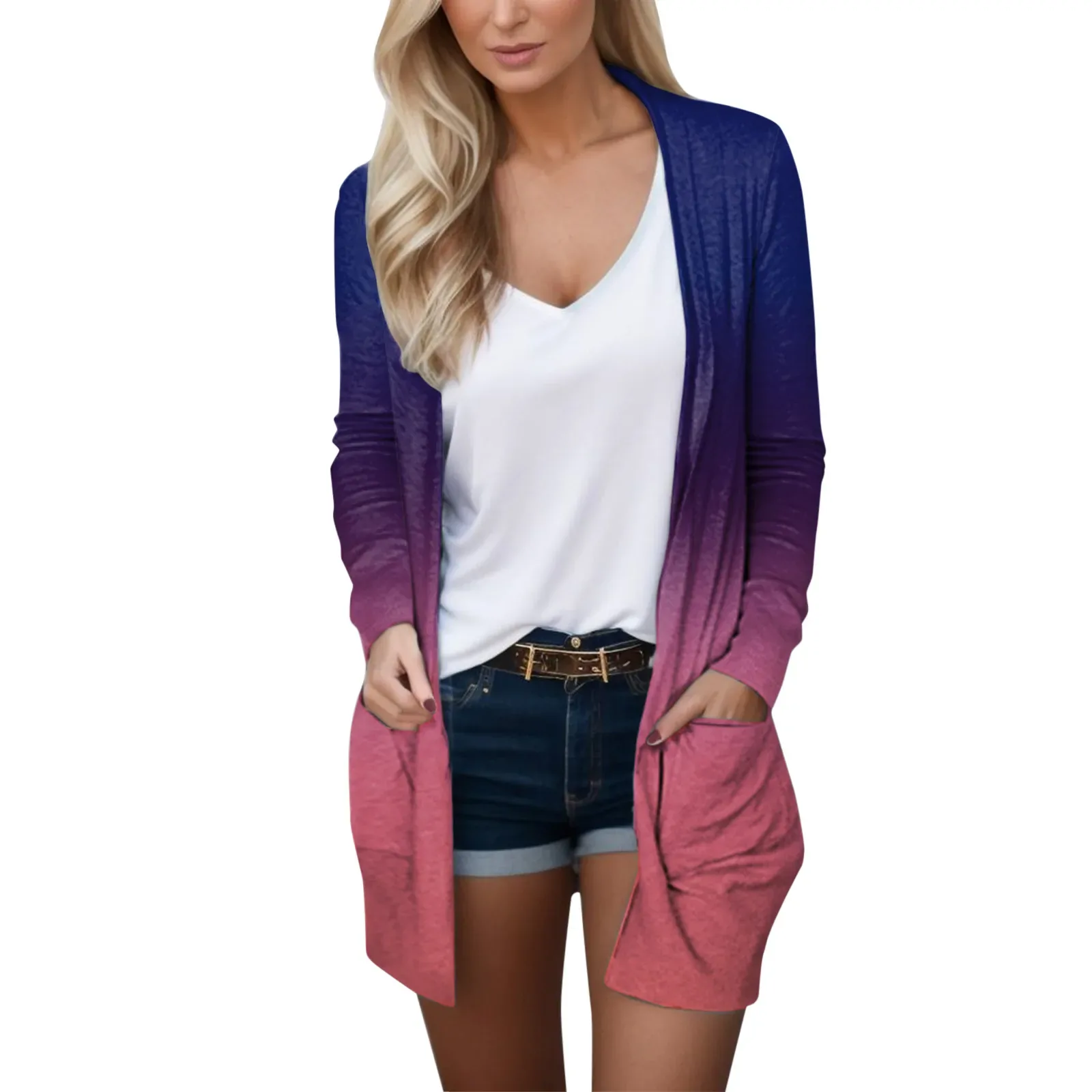 Autumn Women Cardigan Fashion Gradient Print Open Front Coat Harajuku Long Sleeve Top Cardigans With Pockets кардиган женский