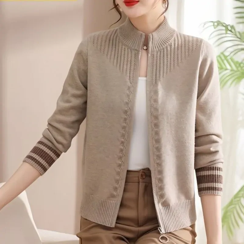 Women's Autumn Winter Turtleneck Solid Screw Thread Zipper Long Sleeve Cardigan Sweater Knitted Coats Fashion Casual Tops