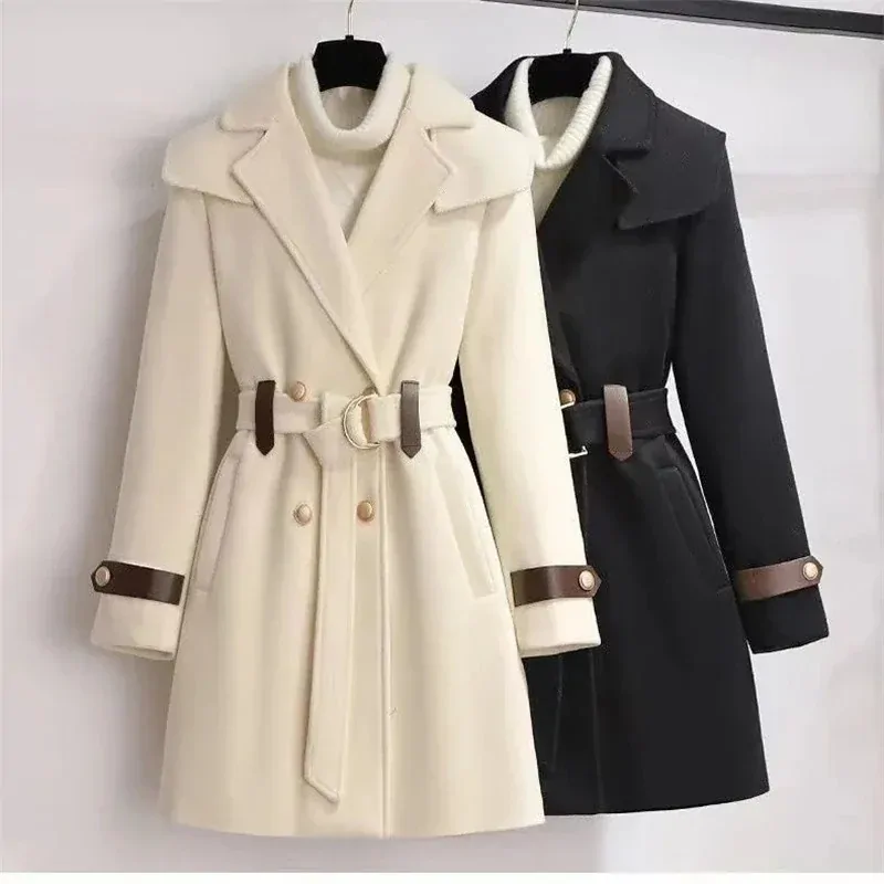 New Autumn And Winter Wool Jacket Womens Clothing Woolen Coats Slim Belt Elegant Long Coat Female Beige Black Outerwear