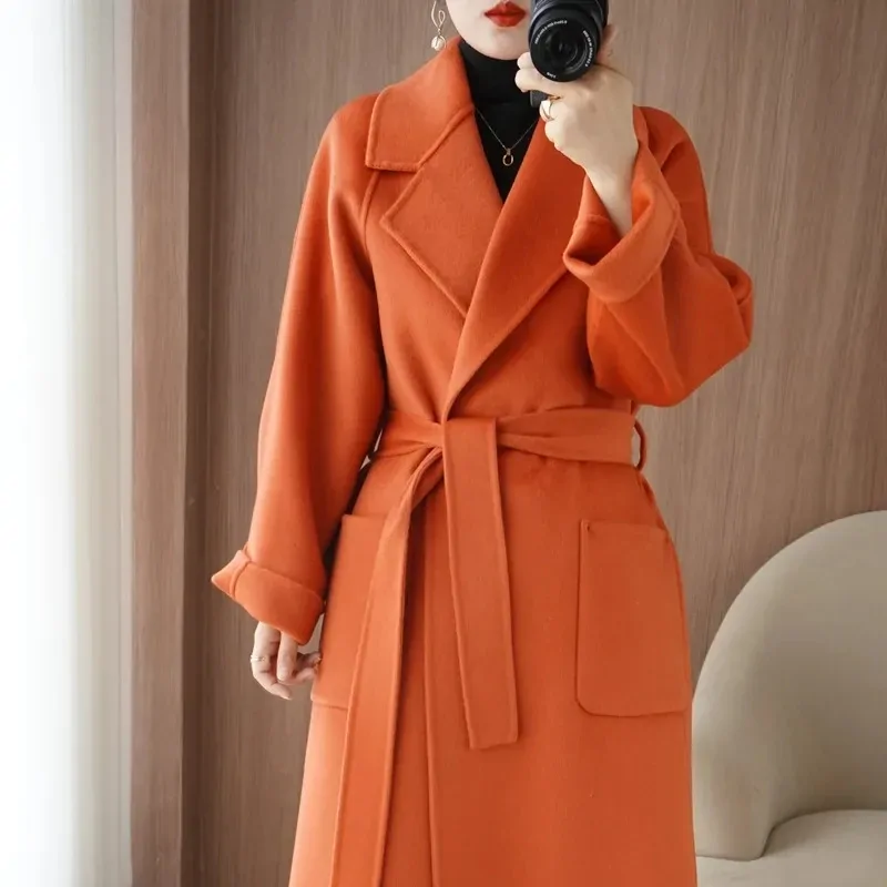 100% Wool Coat Women's Wear Autumn/Winter Fashion Temperament Double sided Cashmere Coats with Belt Elegant Long Overcoat