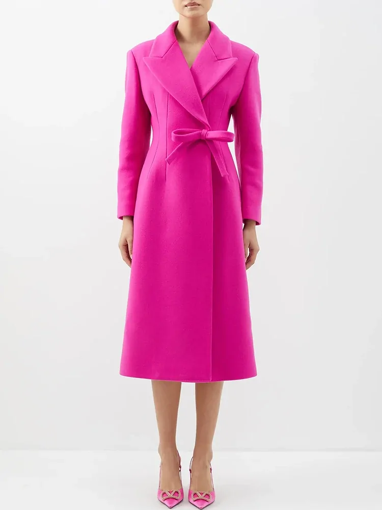 HIGH STREET Newest  Fall Winter Fashion Designer Overcoat Women's Slim Fitting Bow Wool Blends Long Coat