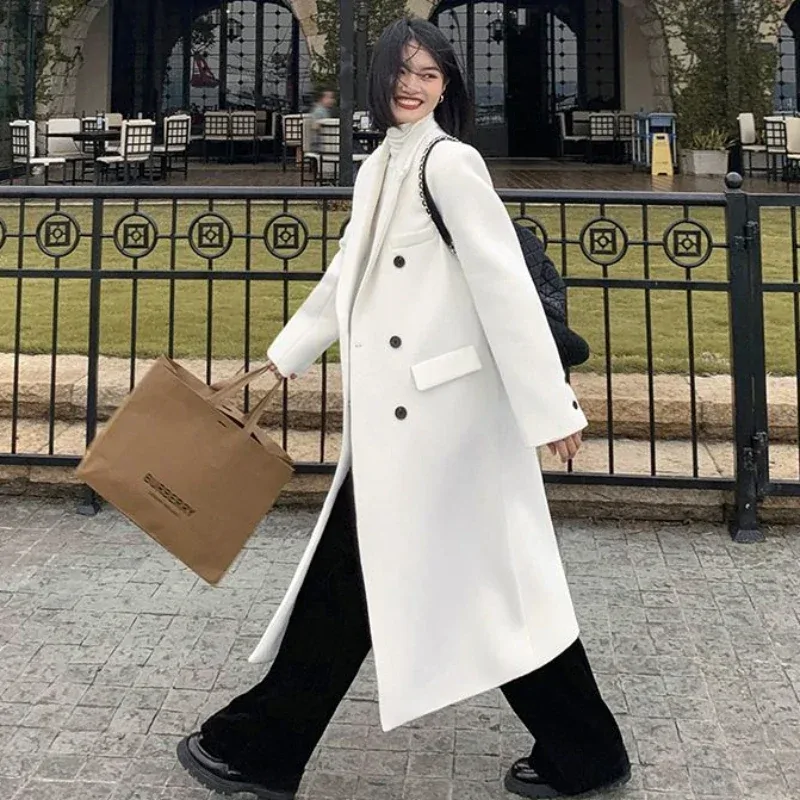 New Women Elegant White Long Below The Knee Woolen Coat Winter Female High Sense Fashion Double-breasted Thicken Outwear