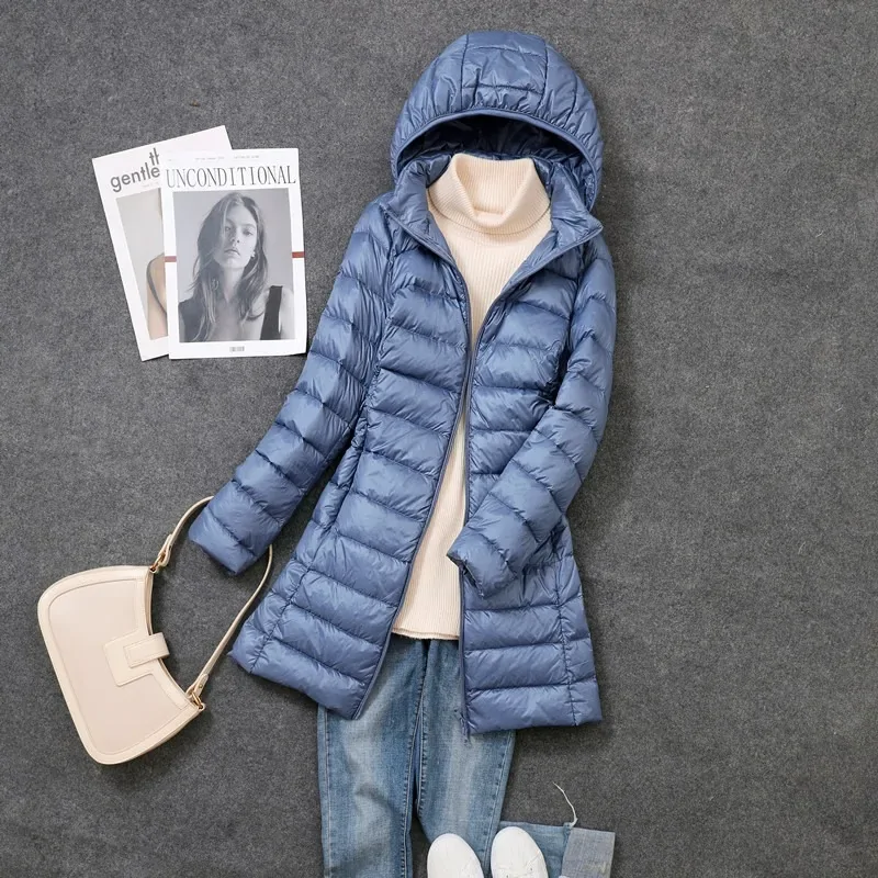 Women Spring Jacket Ultralight Thin Packable Down Long Jacket Female Hat Detachable Slim Fit Skirt Coat Portable Outwear