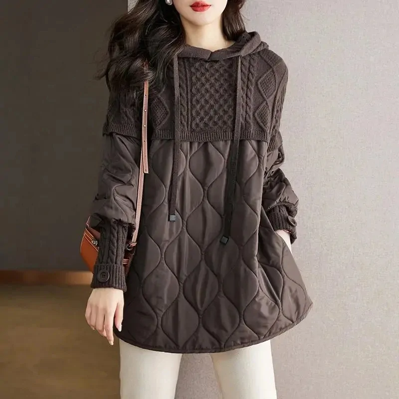 Women's Winter Parka Splicing Temperament Fashion Down Cotton Jacket Ladies Coat Knitting Appear Thin Hooded Female Jacket