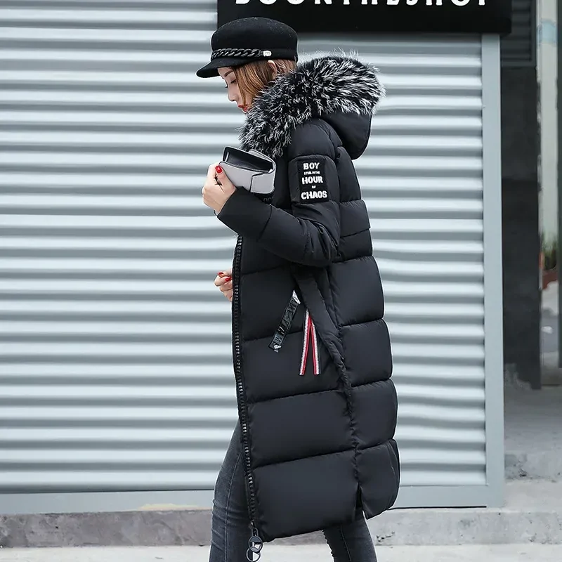 Women's Down Parkas Winter Jacket Big Fur Collar Thick Slim Coat Fashion Hooded Cotton Outerwear Long Winter Woman Coat
