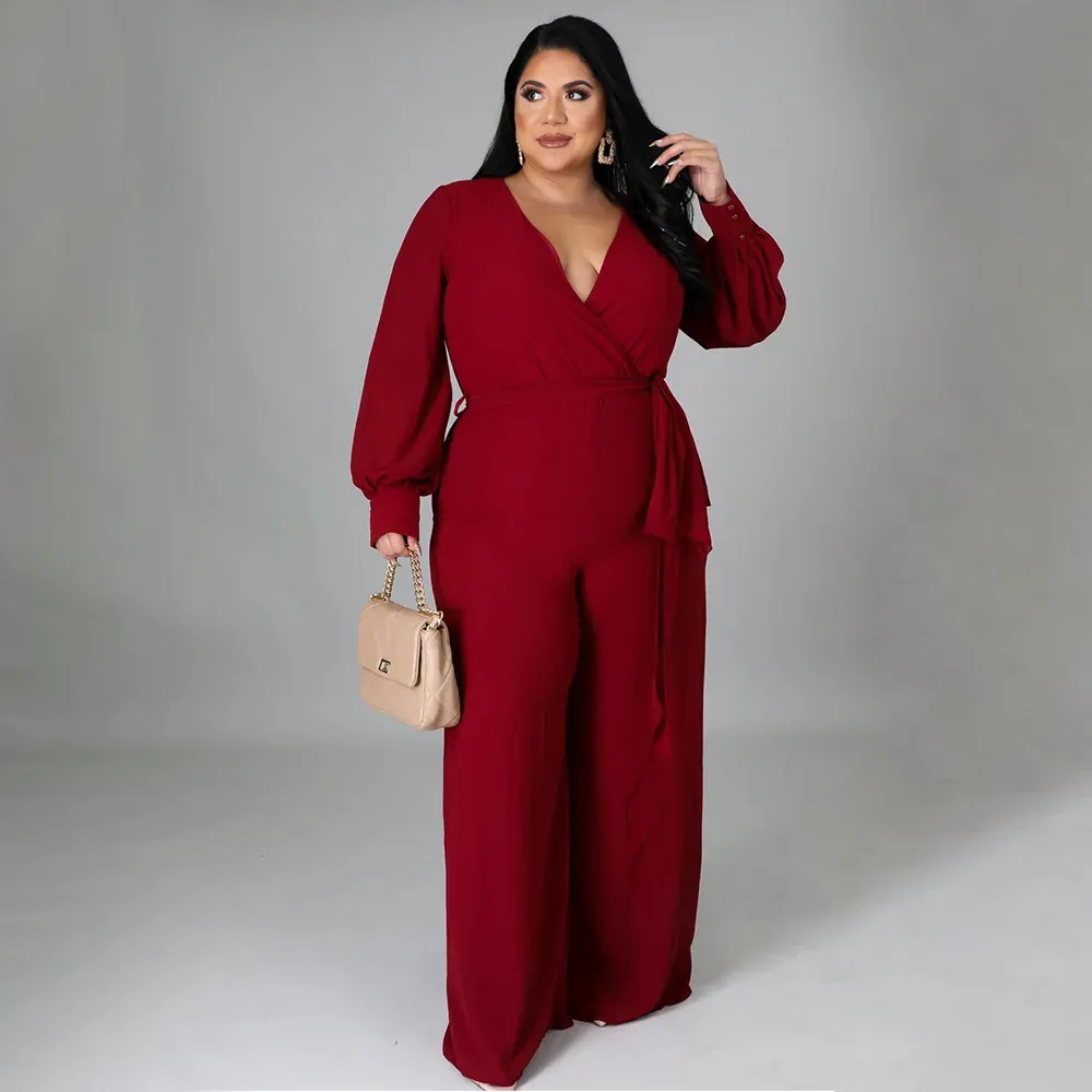 Plus Size Elegant Party Jumpsuit For Women Solid One Piece Outfit Fall Female Belt Jumpsuit Lady Designer Wide Leg Pants