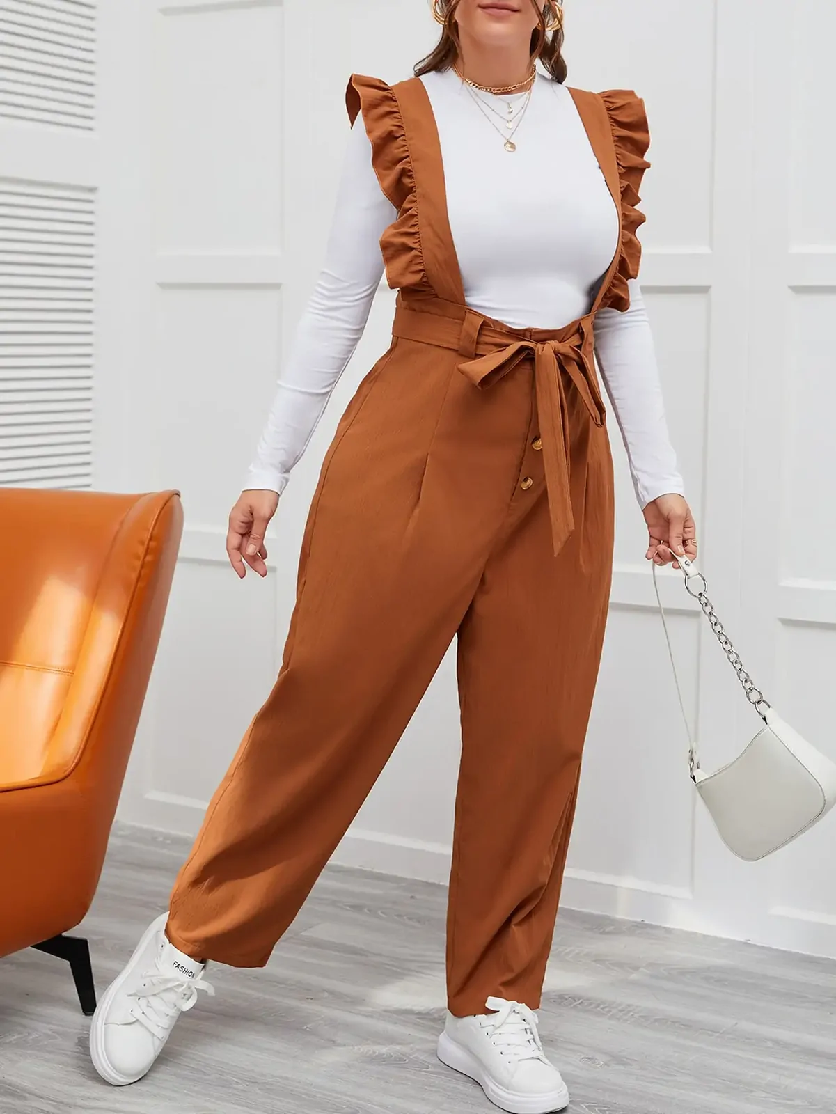 Finjani Khaki Jumpsuit Casual Loose Fashion Wood Ear Pants Bandage Bow Plus Size Women‘s Jumpsuit Long Elegant