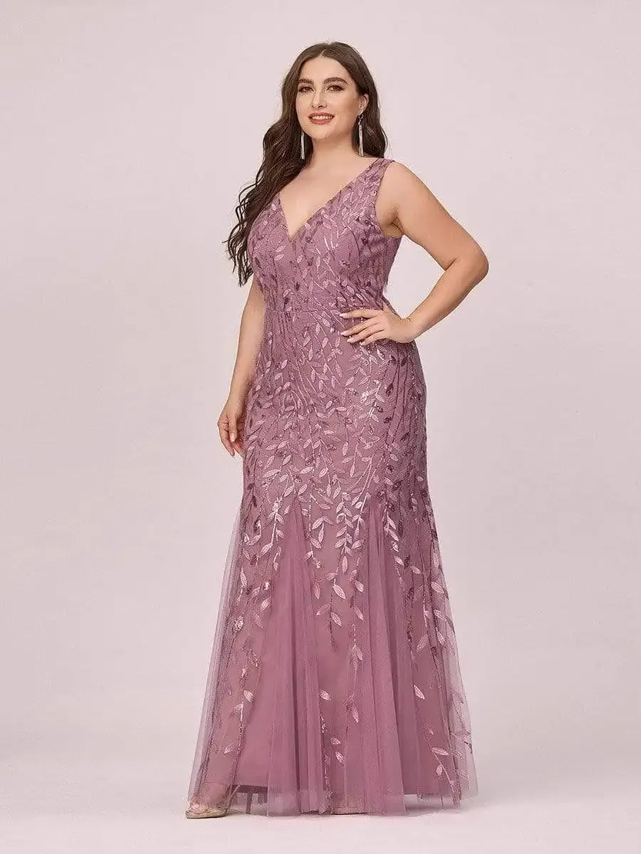 Plus Size Sleeveless Cocktail Dress V Neck Back Mermaid Party Prom Gowns Tulle Sequins Full estidoes Women