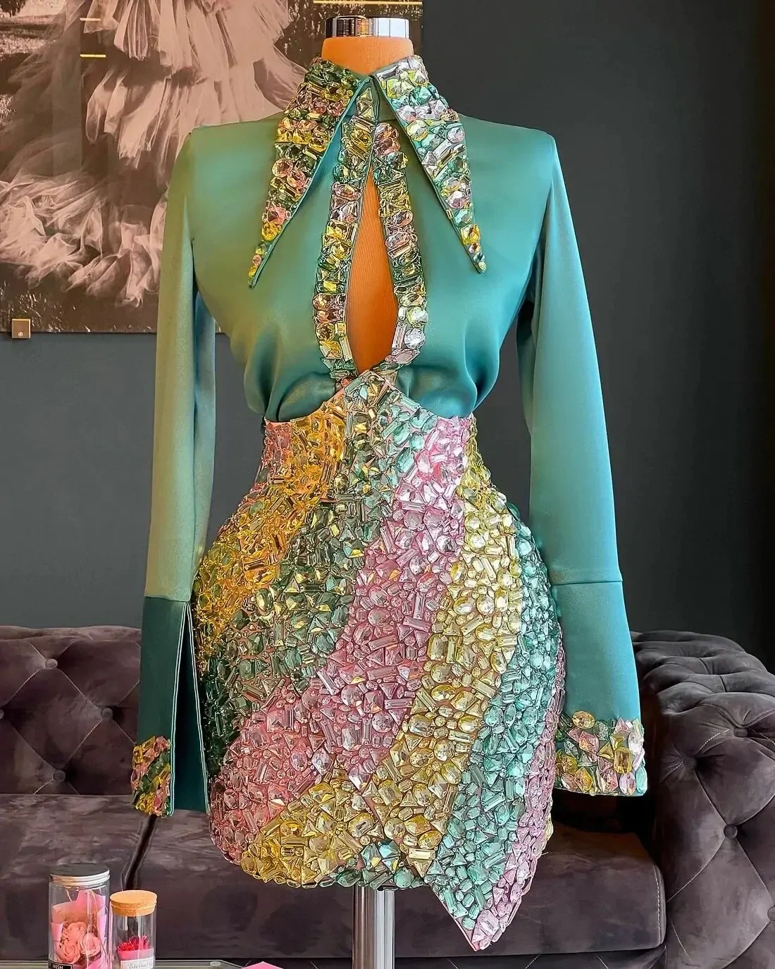 Blue Cocktail Dresses Sheath Long Sleeves Short Mini Beaded Crystals Homecoming Dresses Haute Couture