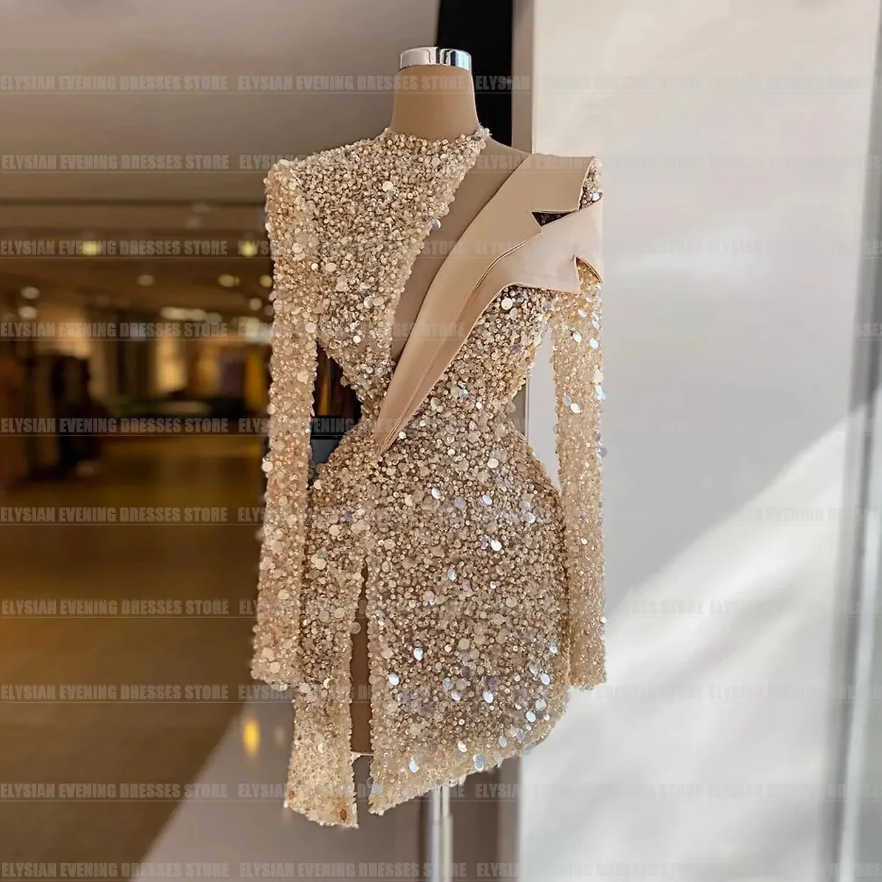 Luxury Formal Evening Cocktail Dresses Simple Mermaid Glitter Sexy Cut Out Glisten Beads Long Sleeve Party Prom Gowns Mini Skirt