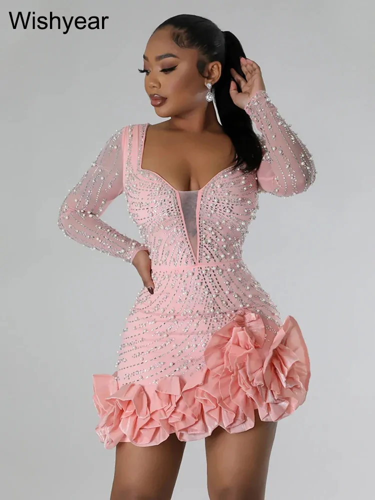 Luxury Evening Rhinestone Pearls Bodycon Ruffle Mini Dress Women V Neck Long Sleeve Slim Birthday Party Prom Night Club Vestidos