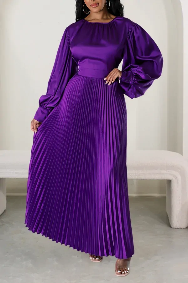 Spring Pleated Loose Fit Maxi Dresses Women Solid Ruched Lantern Sleeve Party Evening Wedding Long Dress Women