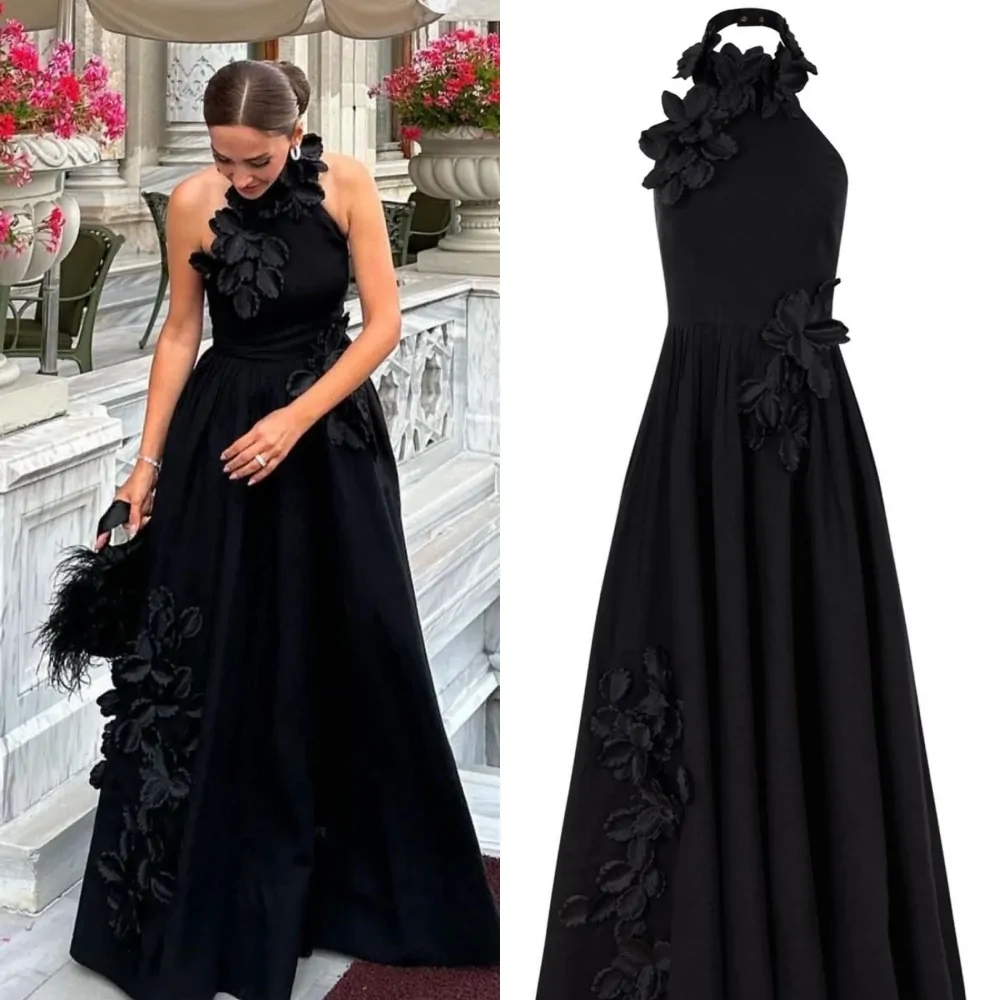 Prom Dress Saudi Arabia Exquisite Halter A-line Flowers Floor-Length Satin Bespoke Occasion Dresses Evening