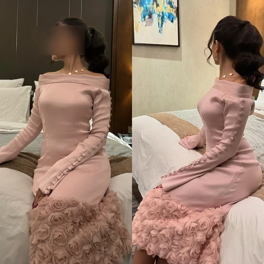 Prom Dress Saudi Arabia Jersey Flower Button Formal Evening A-line Boat Neck Bespoke Occasion Dress Anke Length