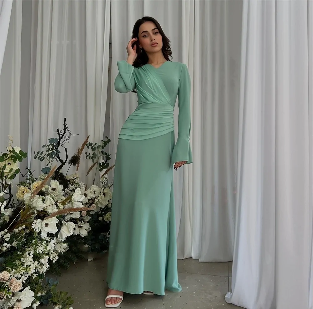 Prom Dress Saudi Arabia Modern Style Formal Evening V-Neck Floor-Length A-line Pleat Satin Bespoke Occasion Dresses