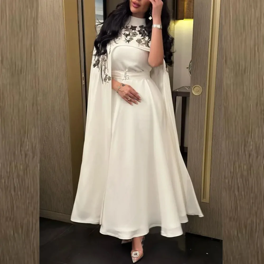 Jersey Sequined Flower Beading Ruched Party A-line High Collar Bespoke Occasion Gown Midi Dresses