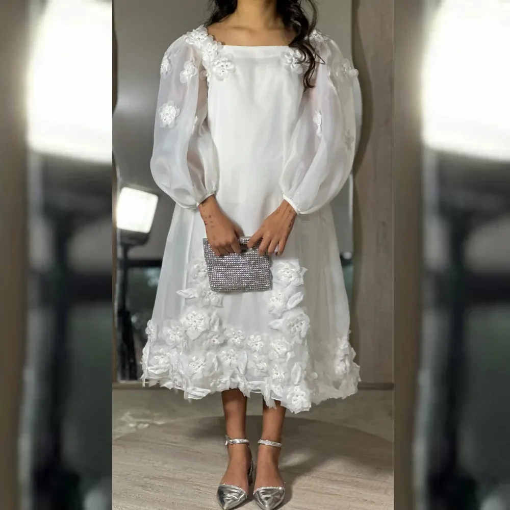 Organza Flower Draped Birthday A-line Square Collar Bespoke Occasion Gown Midi Dresses