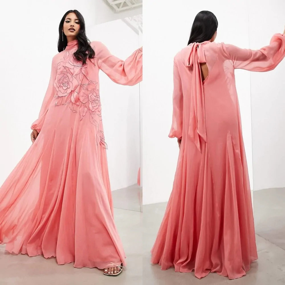 Ball Dress Saudi Arabia Prom Jiayigong Modern Style High Collar A-line Flowers Draped Chiffon Bespoke Occasion Dresses