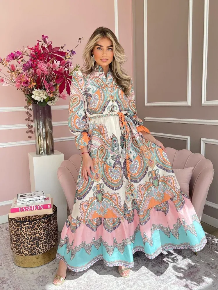 Elegant Print Single Breasted Patchwork Maxi Dress Women Long Sleeves Lace Up Loose Vestidos Spring Summer Chic Dresses