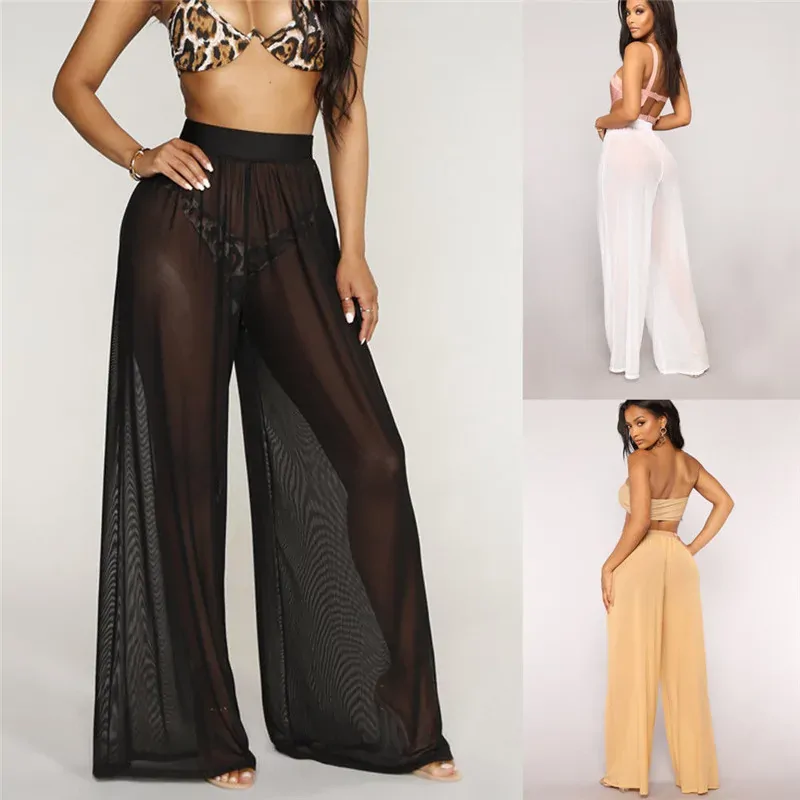 Women's Boho High Waist Flare Wide Leg Cover-Up Trousers Beach Long Loose See Throug Mesh Sheer Pants Bikini Bottom Beachwear