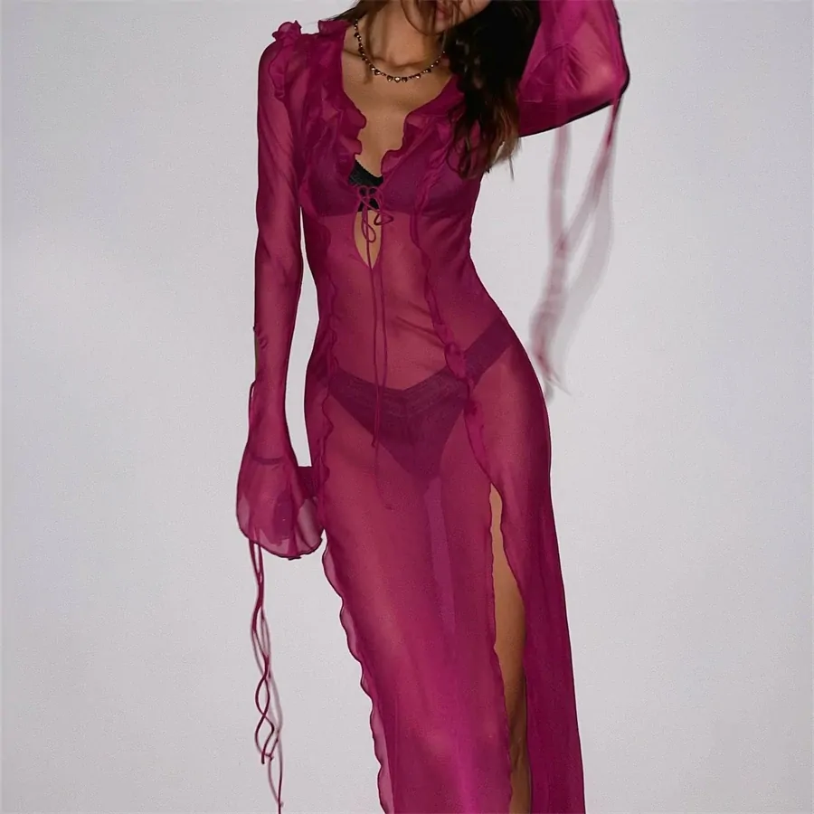 See-through Ruffles Mesh V Neck Tie-Up Beach Long Dress Summer Sexy Long Sleeve High Split Hem Bikini Cover-Ups
