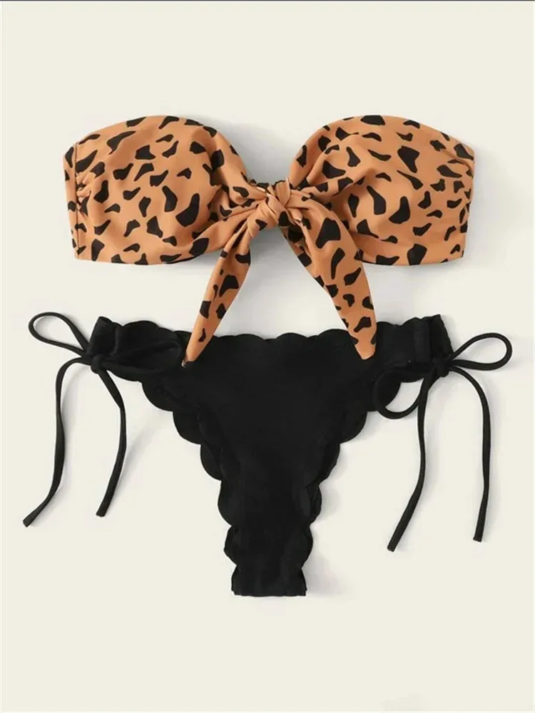 Beach Bikini Woman Sexy Front Lace Up Tie Bandeau Leopard Swimsuit Female Push Up Ruffled Bow Bathing Suit Thong Swimwear