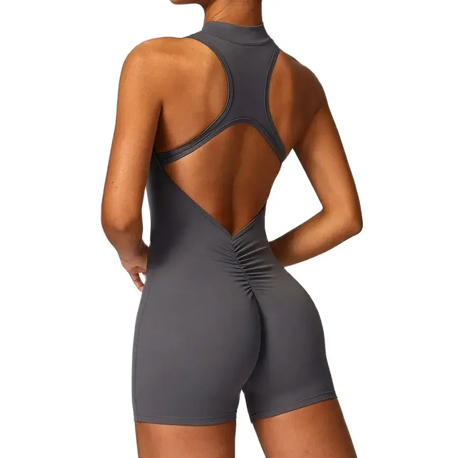 NCLAGEN Backless Yoga Jumpsuit Shorts Set Women Zipper GYM Siamese Sportswear Fitness One Piece Sports Suit Workout Playsuit